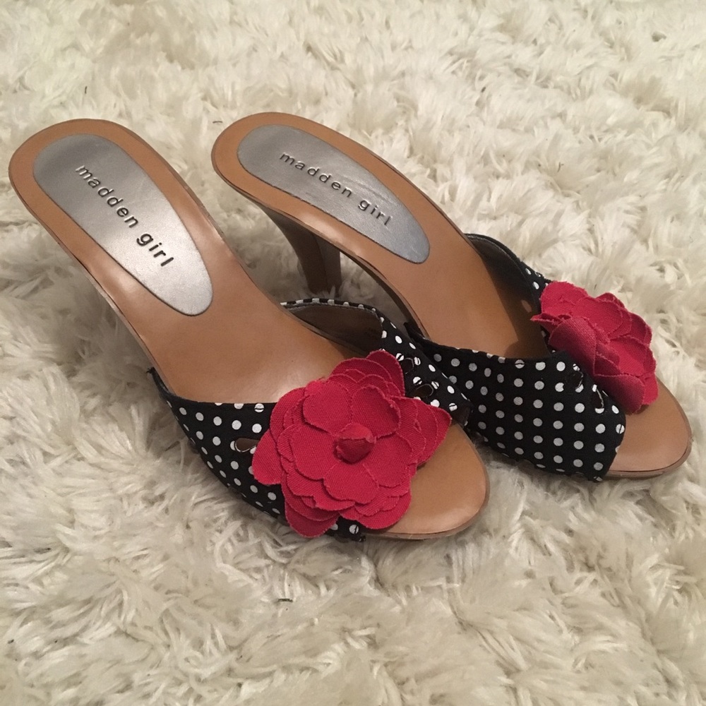 Madden Girl polka dot flower heeled sandals 8